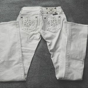 Cyber y2k grunge cross rhinestone low rise miss me white bootcut jeans